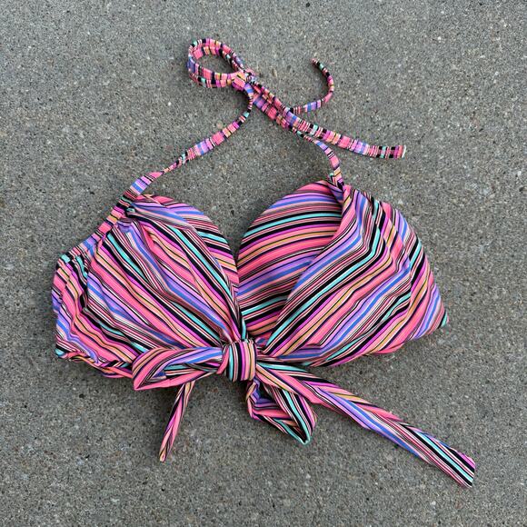 Victoria's Secret 34DD The Wrap Halter Bikini Top Pink Orange Purple Stripe - Picture 1 of 7